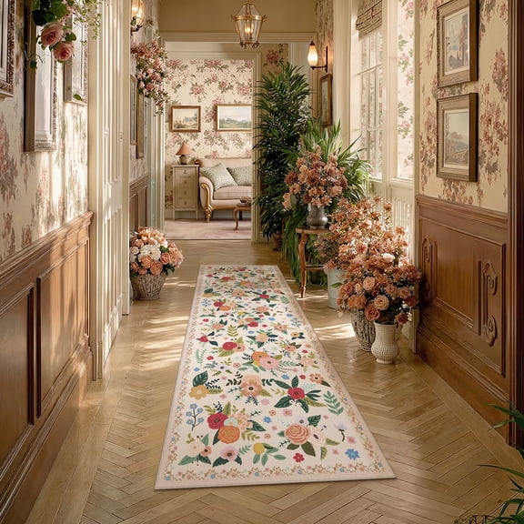 BERTHMEER 2'x6' Washable Runner Rugs for Hallway Bathroom Bedroom Entryway Kitchen Non Slip Beige Floral Vintage Oriental Traditional Flower Runner Rugs, Multicolor