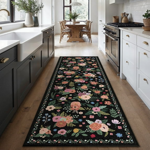 BERTHMEER 2'x6' Washable Runner Rugs for Hallway Bathroom Bedroom Entryway Kitchen Non Slip Black Floral Vintage Oriental Traditional Flower Runner Rugs, Multicolor
