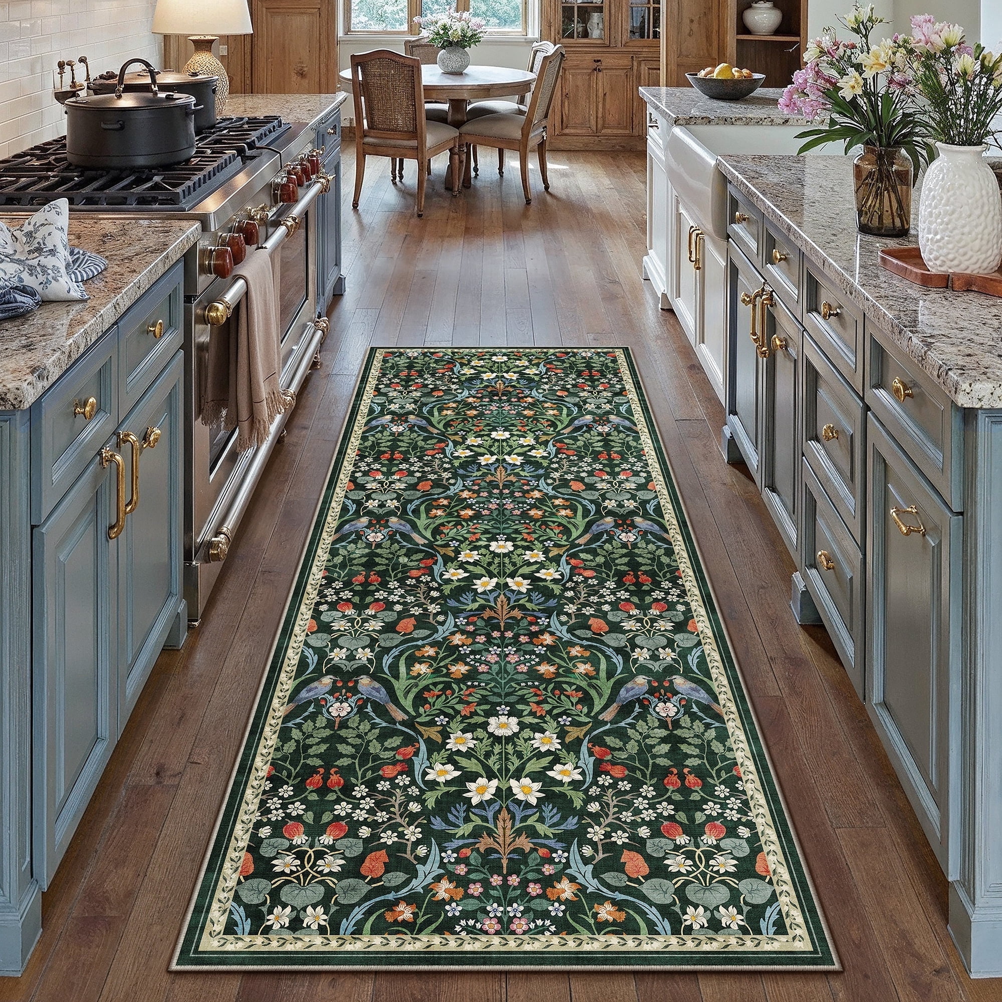 BERTHMEER 2'x6' Runner Rugs for Hallway Bathroom Bedroom Entryway Kitchen Non Slip Washable Green Floral Vintage Oriental Traditional Flower Runner Rugs, Multicolor