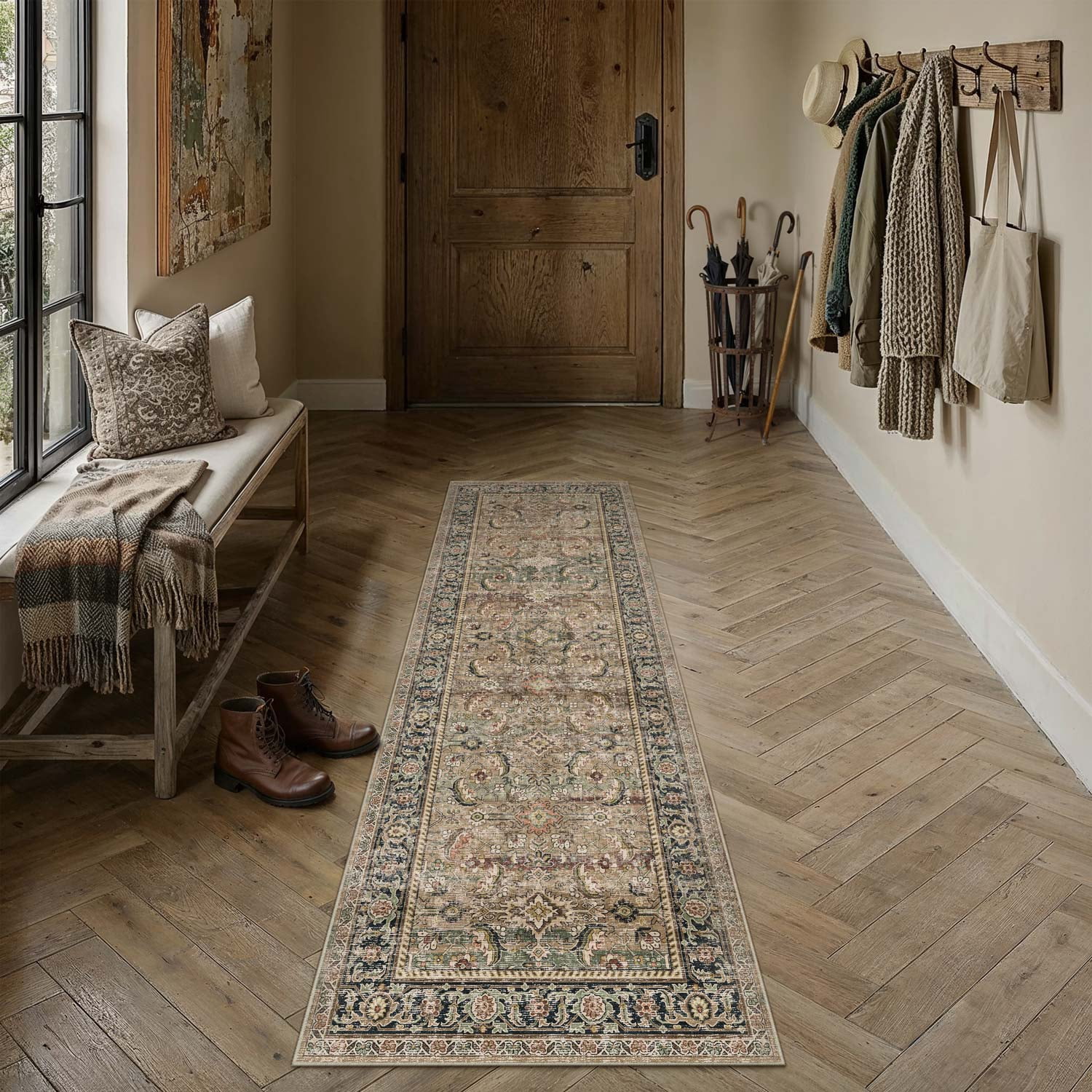 berthmeer 2'x6' washable runner rugs for hallways bathroom bedroom entryway kitchen non slip brown vintage oriental traditional distressed runner rugs