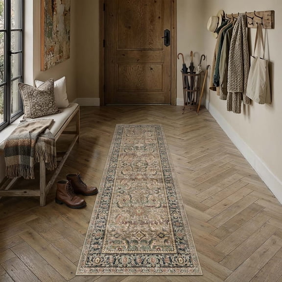 BERTHMEER 2'x6' Washable Runner Rugs for Hallways Bathroom Bedroom Entryway Kitchen Non Slip Brown Vintage Oriental Traditional Distressed Runner Rugs