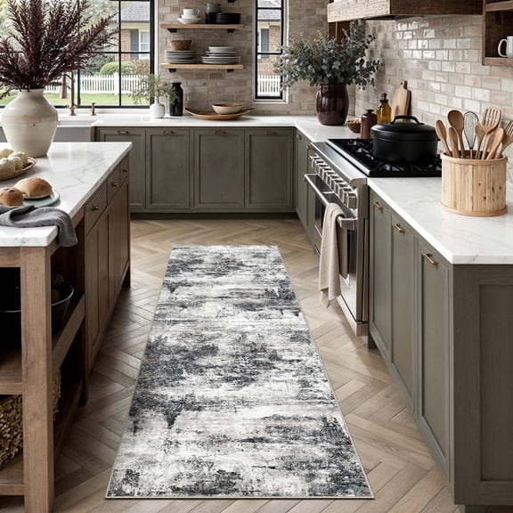 BERTHMEER 2'x6' Washable Runner Rugs Non Slip for Hallways Bathroom Bedroom Entryway Kitchen Black Neutral Modern Abstract Runner Rugs