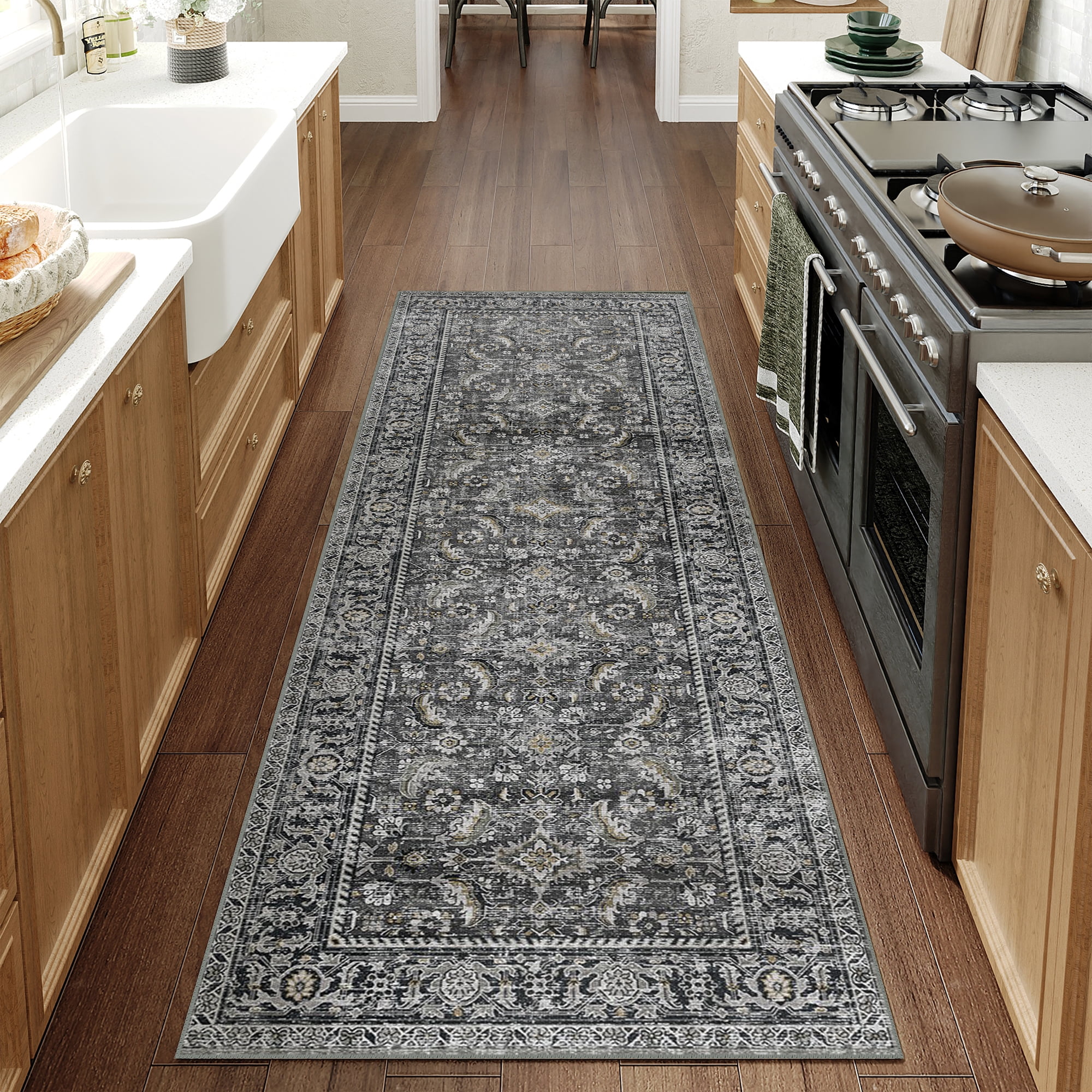 berthmeer 2'x6' washable runner rugs for hallway bathroom bedroom entryway kitchen non slip black vintage oriental traditional distressed runner rugs