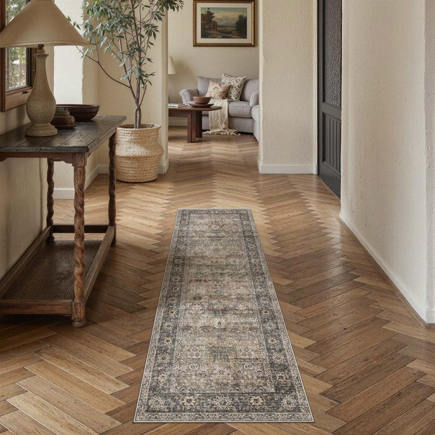 BERTHMEER 2'x6' Washable Runner Rugs for Hallway Bathroom Bedroom Entryway Kitchen Non Slip Brown Vintage Oriental Traditional Distressed Runner Rugs