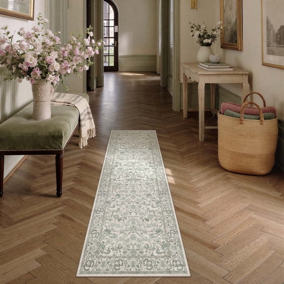 BERTHMEER 2'x6' Washable Runner Rugs for Hallway Bathroom Bedroom Entryway Kitchen Non Slip Green Vintage Oriental Distressed Runner Rugs