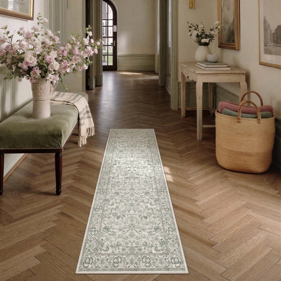 BERTHMEER 2'x6' Washable Runner Rugs for Hallway Bathroom Bedroom Entryway Kitchen Non Slip Green Vintage Oriental Distressed Runner Rugs