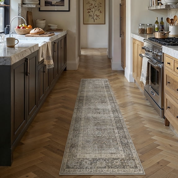 BERTHMEER 2'x6' Washable Runner Rugs for Hallway Bedroom Entryway Kitchen Non Slip Mossy Gray Vintage Oriental Traditional Distressed Runner Rugs