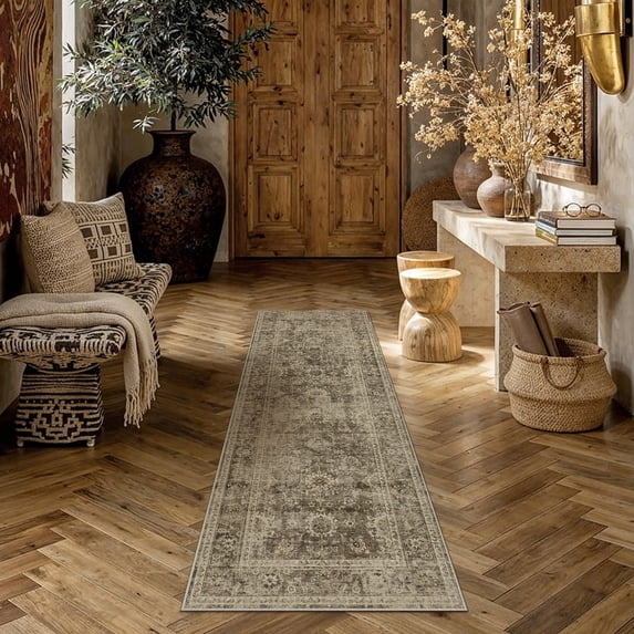 BERTHMEER 2'x6' Washable Runner Rugs for Hallway Entryway Bathroom Bedroom Kitchen Non Slip Brown Vintage Oriental Traditional Distressed Runner Rugs
