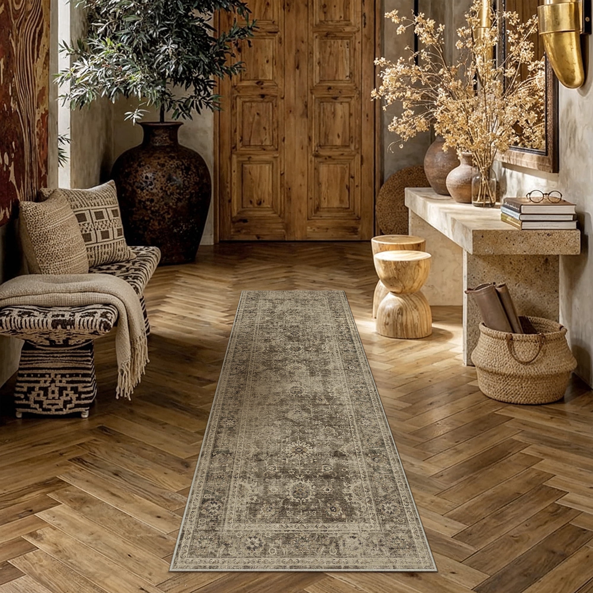 berthmeer 2'x6' washable runner rugs for hallway entryway bathroom bedroom kitchen non slip brown vintage oriental traditional distressed runner rugs
