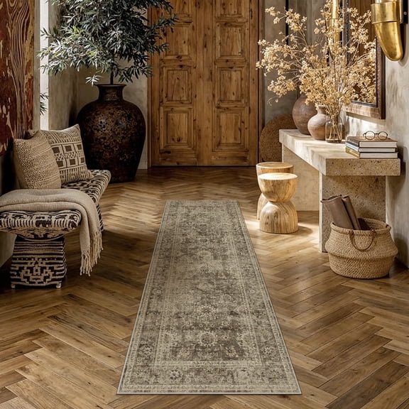 BERTHMEER 2'x6' Washable Runner Rugs for Hallway Entryway Bathroom Bedroom Kitchen Non Slip Brown Vintage Oriental Traditional Distressed Runner Rugs