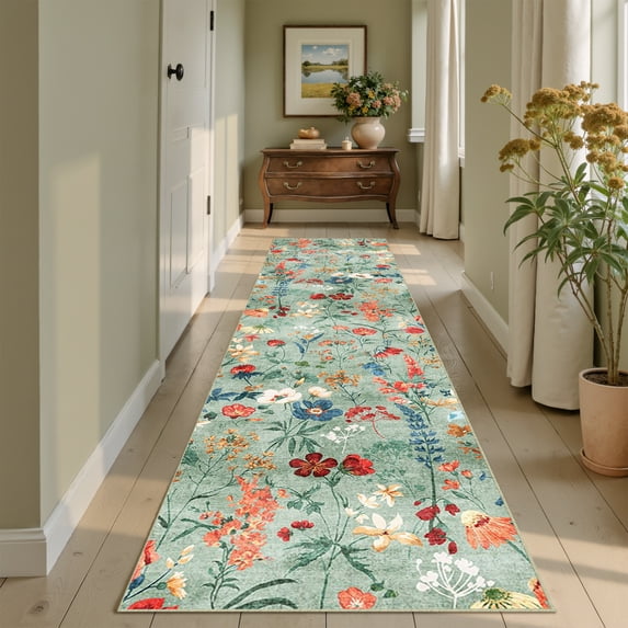 BERTHMEER 2'x6' Washable Runner Rugs for Hallway Kitchen Non Slip Floral Plant Runner Rugs for Entryway Entrance Laundry Bedroom,Green