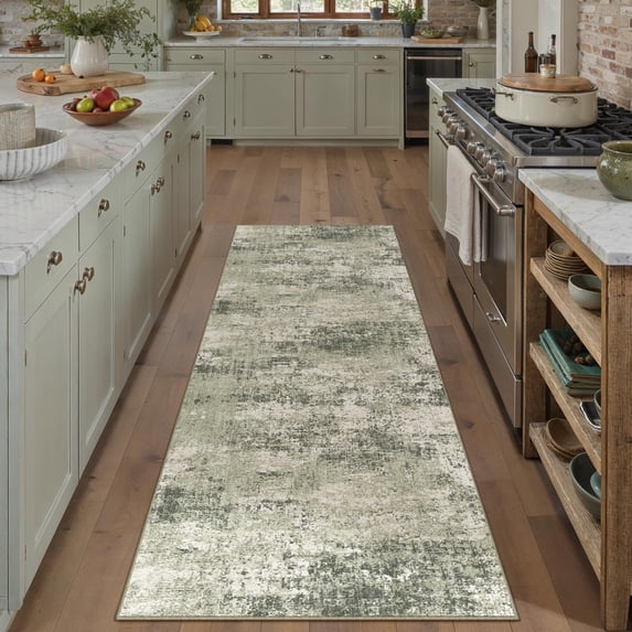 BERTHMEER 2'x8' Abstract Runner Rugs Contemporary for Hallway Entryway Entrance Bathroom Bedroom Kitchen Non Slip Washable Modern Indoor,Green