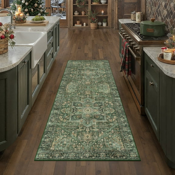 BERTHMEER 2'x8' Blackish Green Runner Rugs for Hallway Kitchen Entryway Entrance Bedroom Living Room Bedroom Washable Vintage Non-slip Runner Rugs