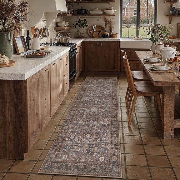 BERTHMEER 2'x8' Blue Brown Runner Rugs for Hallway Kitchen Entryway Entrance Bedroom Living Room Bedroom Washable Vintage Non Slip Runner Rugs