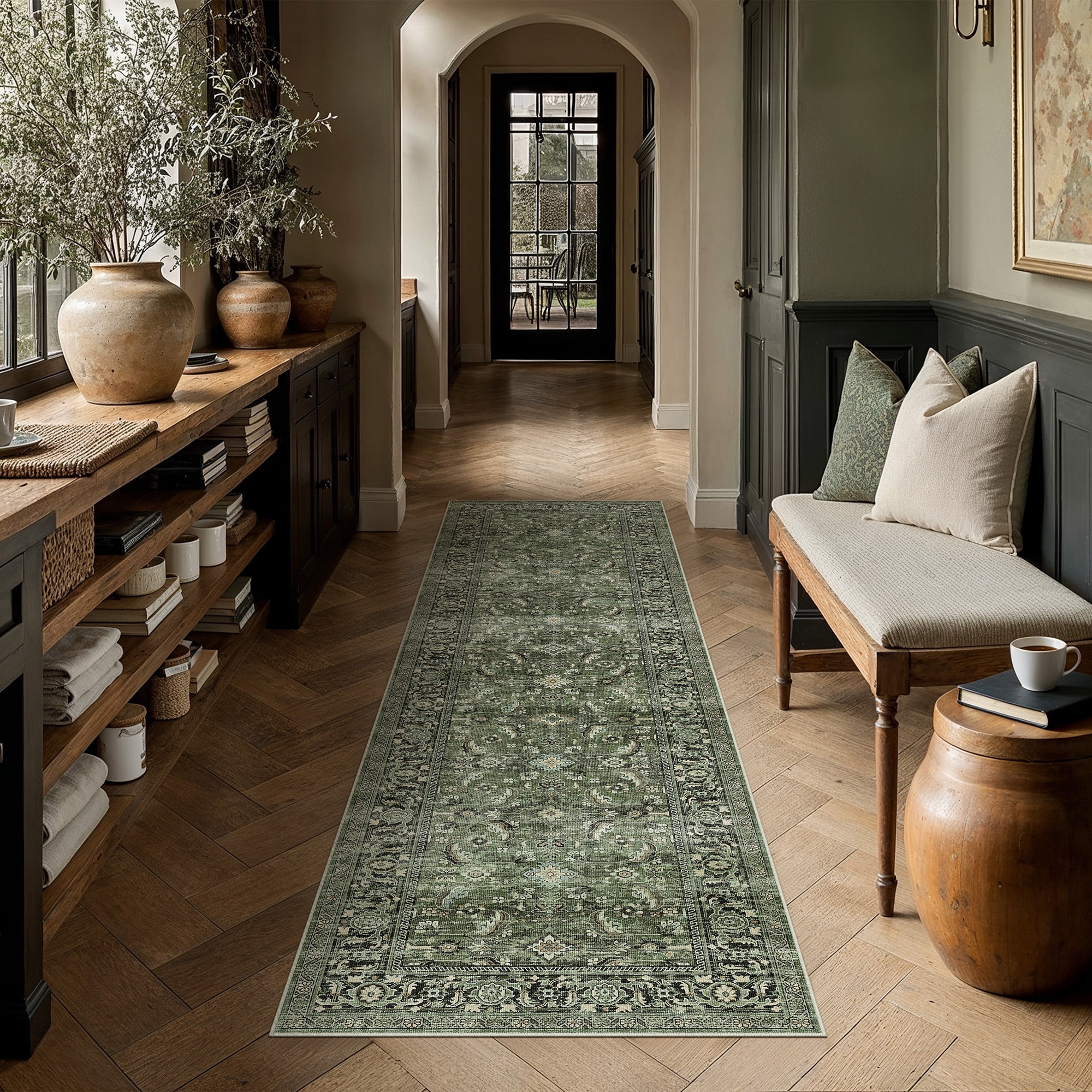 BERTHMEER 2'x8' Green Runner Rugs for Hallway Entryway Bathroom Bedroom Kitchen Non Skid Washable Vintage Oriental Traditional Runner Rugs