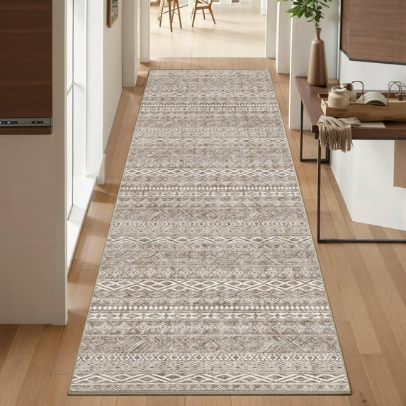 BERTHMEER 2'x8' Runner Rug Non-Slip Washable Boho Moroccan Geometric Design for Hallway, Bathroom, Bedroom | Machine Washable, Distressed Vintage Style (Brown/Taupe)