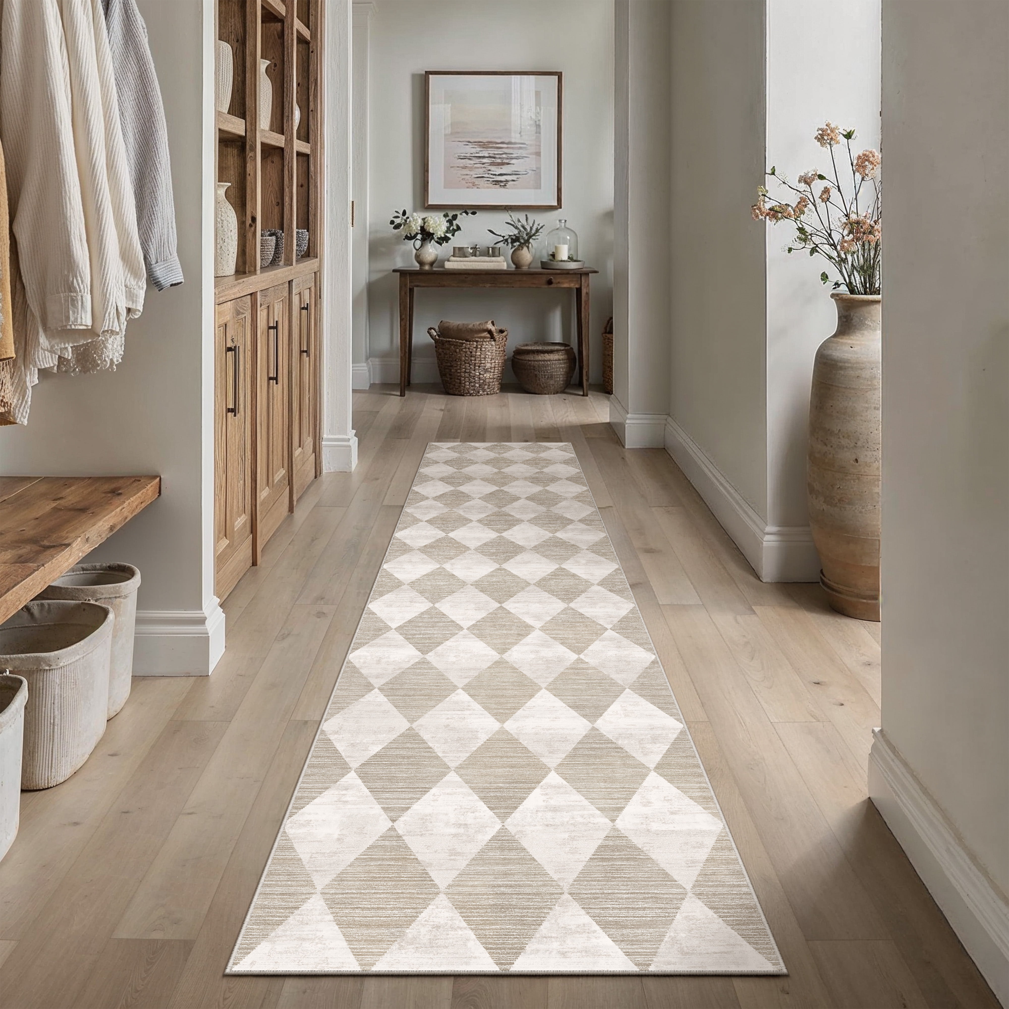 berthmeer 2'x8' runner rugs for entryway bedroom living room hallway kitchen dining room and laundry room non slip washable geometric rhombus checkered runner rugs,beige