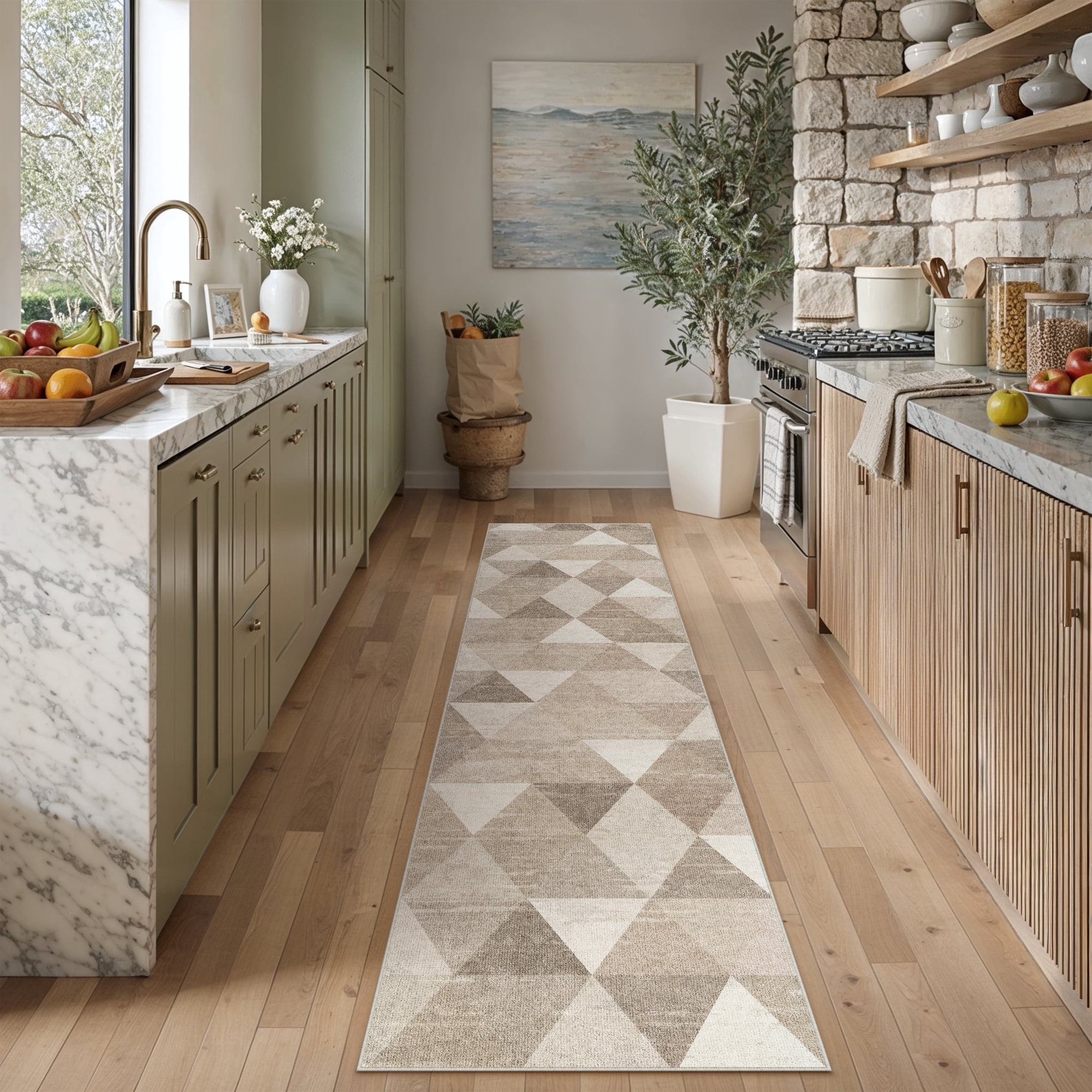 BERTHMEER 2'x8' Runner Rugs for Hallway Bathroom Bedroom Entryway Kitchen Non Slip Washable Checkered pattern Rugs Light Brown Beige Modern Contemporary Geometric Runner Rugs