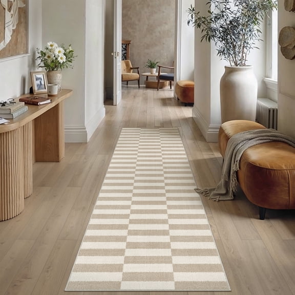 BERTHMEER 2'x8' Runner Rugs for Hallway Bathroom Bedroom Entryway Kitchen Non Slip Washable Striped Pattern Rugs Light Brown Beige Modern Contemporary Geometric Runner Rugs