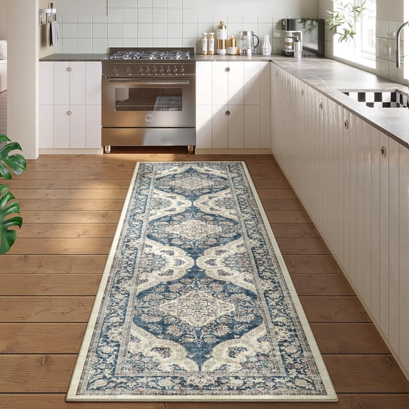 BERTHMEER 2'x8' Runner Rugs for Hallway Bathroom Kitchen Bedroom Entryway Non Skid Washable Blue Vintage Oriental Entrance Traditional Distressed Runner Rugs