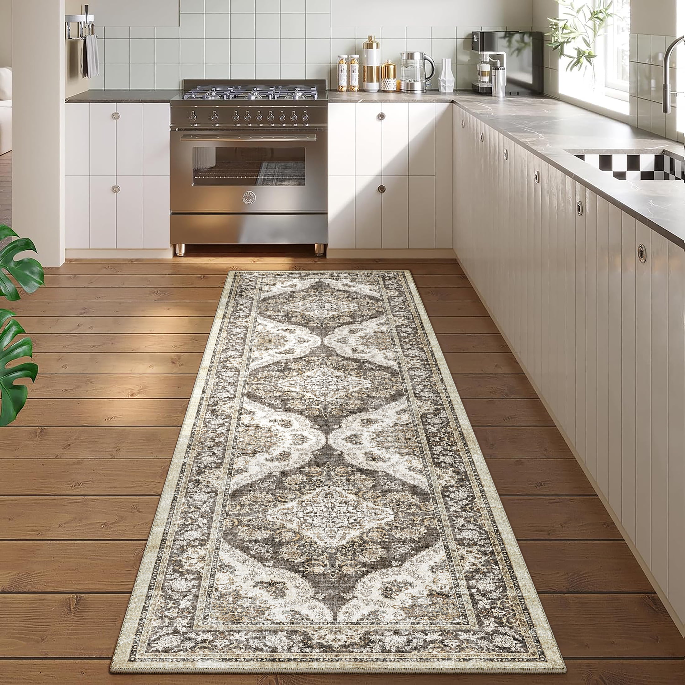 BERTHMEER 2'x8' Runner Rugs for Hallway Bathroom Kitchen Bedroom Entryway Non Skid Washable Brown Vintage Oriental Entrance Gray Traditional Distressed Runner Rugs