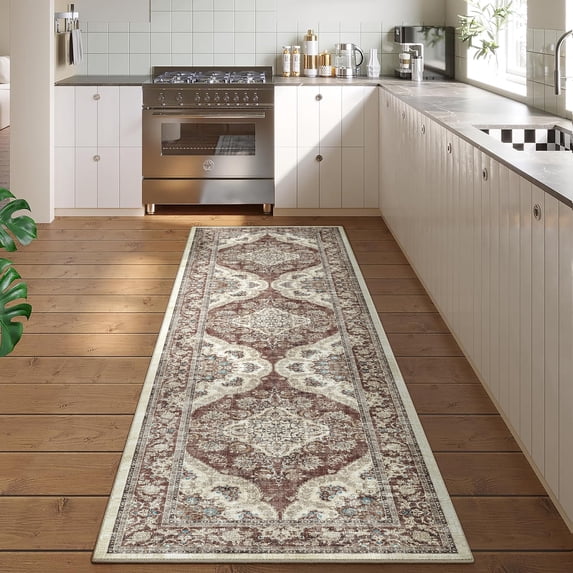 BERTHMEER 2'x8' Runner Rugs for Hallway Bathroom Kitchen Rugs Non Skid Washable Bedroom Entryway Red Vintage Entrance Oriental Traditional Distressed Runner Rugs