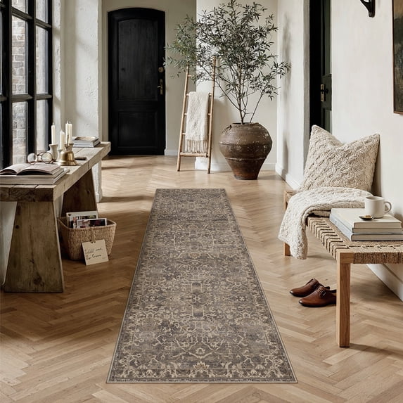 BERTHMEER 2'x8' Runner Rugs for Hallway Entryway Bathroom Bedroom Kitchen Dorm Non Skid Washable Brown Vintage Oriental Traditional Distressed Accent Runner Rugs