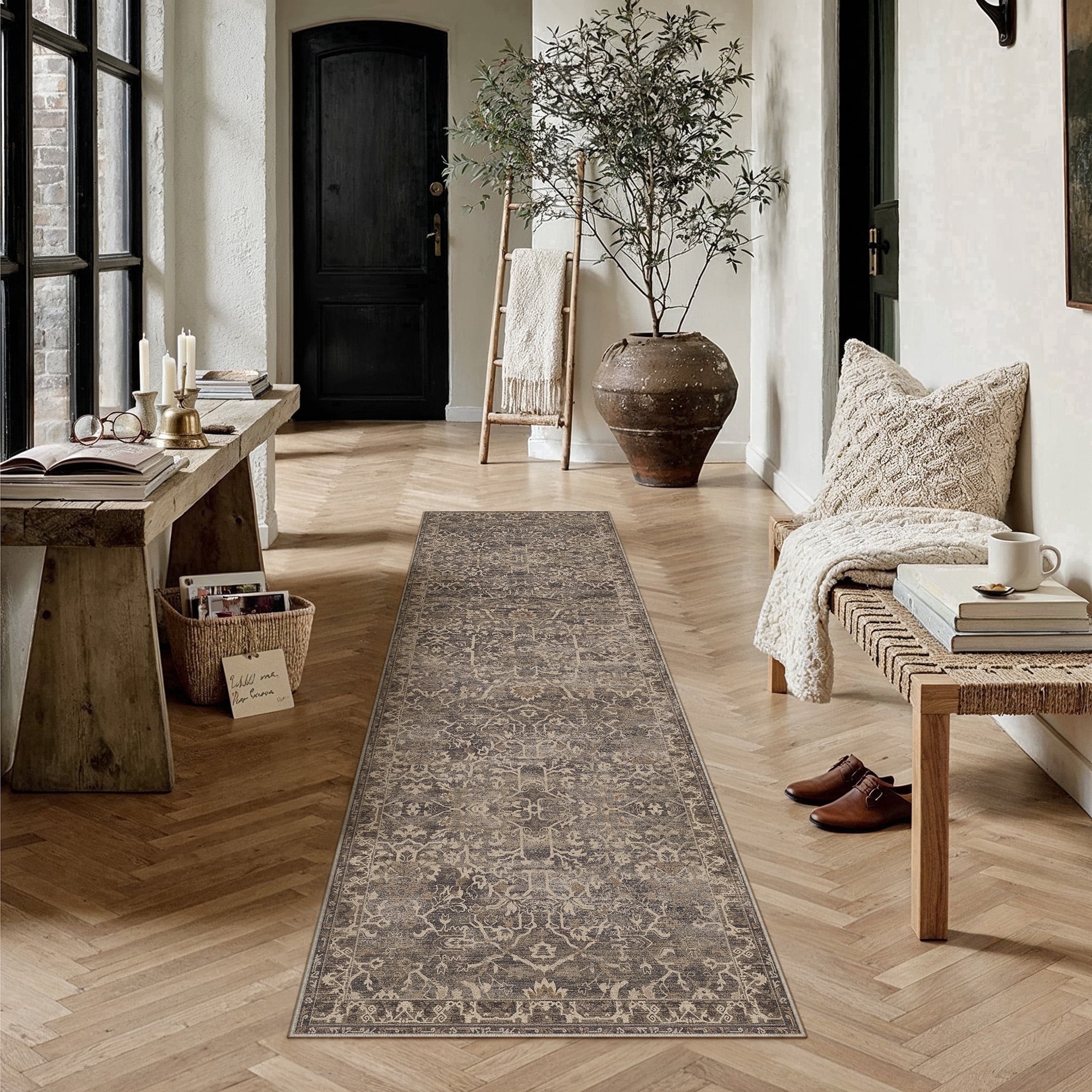 berthmeer 2'x8' runner rugs for hallway entryway bathroom bedroom kitchen dorm non skid washable brown vintage oriental traditional distressed accent runner rugs