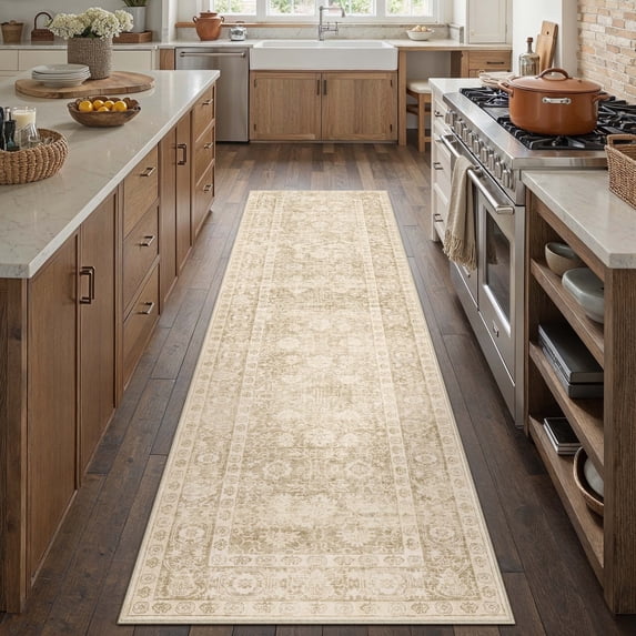 BERTHMEER 2'x8' Runner Rugs for Hallway Entryway Bathroom Bedroom Kitchen Non Skid Washable Beige Vintage Oriental Traditional Distressed Accent Runner Rugs