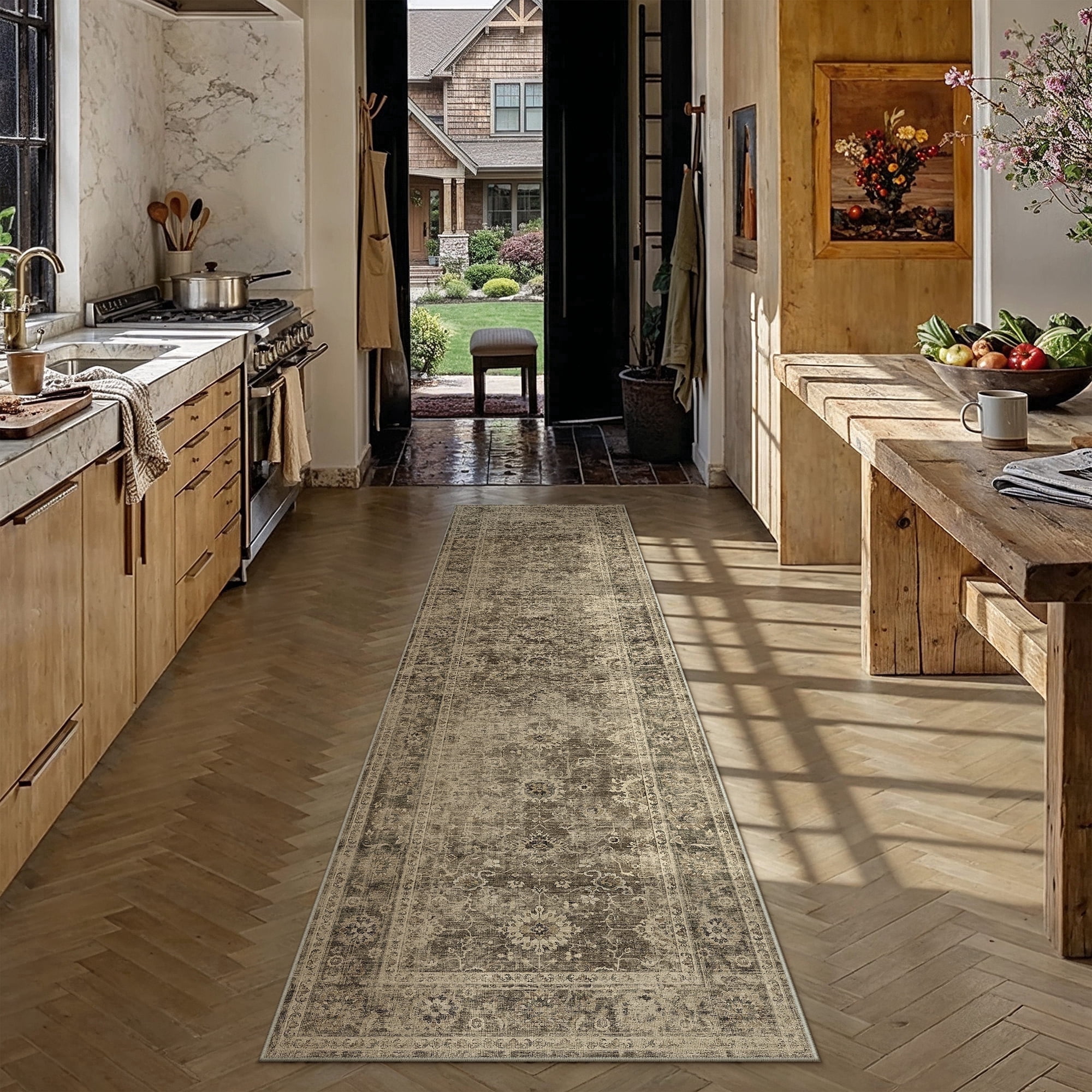 berthmeer 2'x8' runner rugs for hallway entryway bathroom bedroom kitchen non skid washable brown vintage oriental traditional distressed accent runner rugs