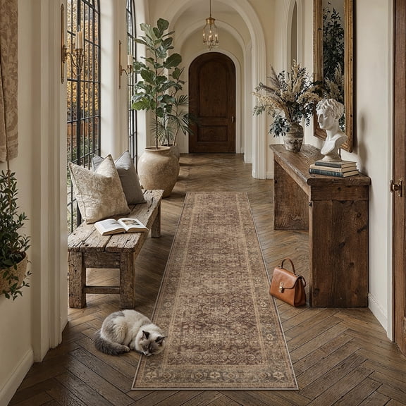 BERTHMEER 2'x8' Runner Rugs for Hallway Entryway Bathroom Bedroom Kitchen Non Skid Washable Brown Vintage Oriental Traditional Distressed Accent Runner Rugs