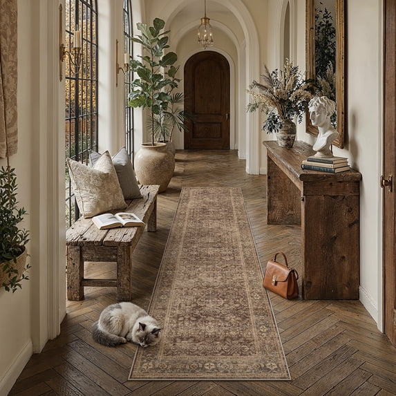 BERTHMEER 2'x8' Runner Rugs for Hallway Entryway Bathroom Bedroom Kitchen Non Skid Washable Brown Vintage Oriental Traditional Distressed Accent Runner Rugs