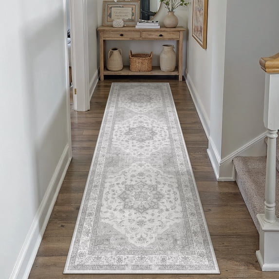 BERTHMEER 2'x8' Runner Rugs for Hallway Entryway Bathroom Bedroom Kitchen Non Skid Washable Gray Vintage Oriental Traditional Distressed Accent Runner Rugs