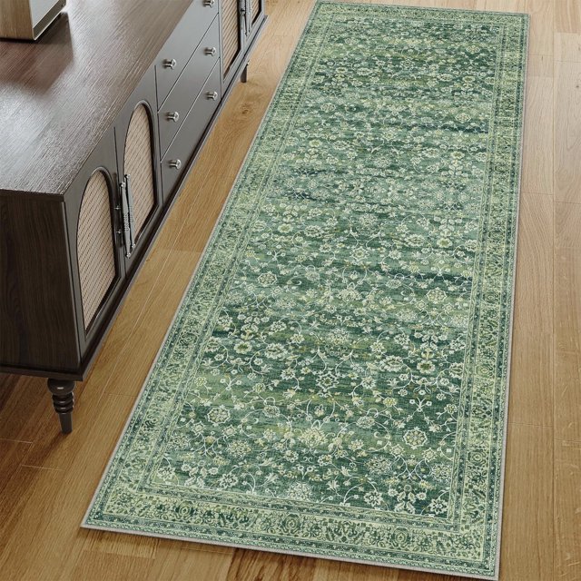 BERTHMEER 2'x8' Runner Rugs for Hallway Entryway Bathroom Bedroom Kitchen Non Skid Washable Green Vintage Oriental Traditional Distressed Accent Floral Runner Rugs
