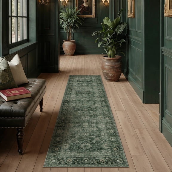 BERTHMEER 2'x8' Runner Rugs for Hallway Entryway Bathroom Bedroom Kitchen Non Skid Washable Green Vintage Oriental Traditional Distressed Accent Runner Rugs