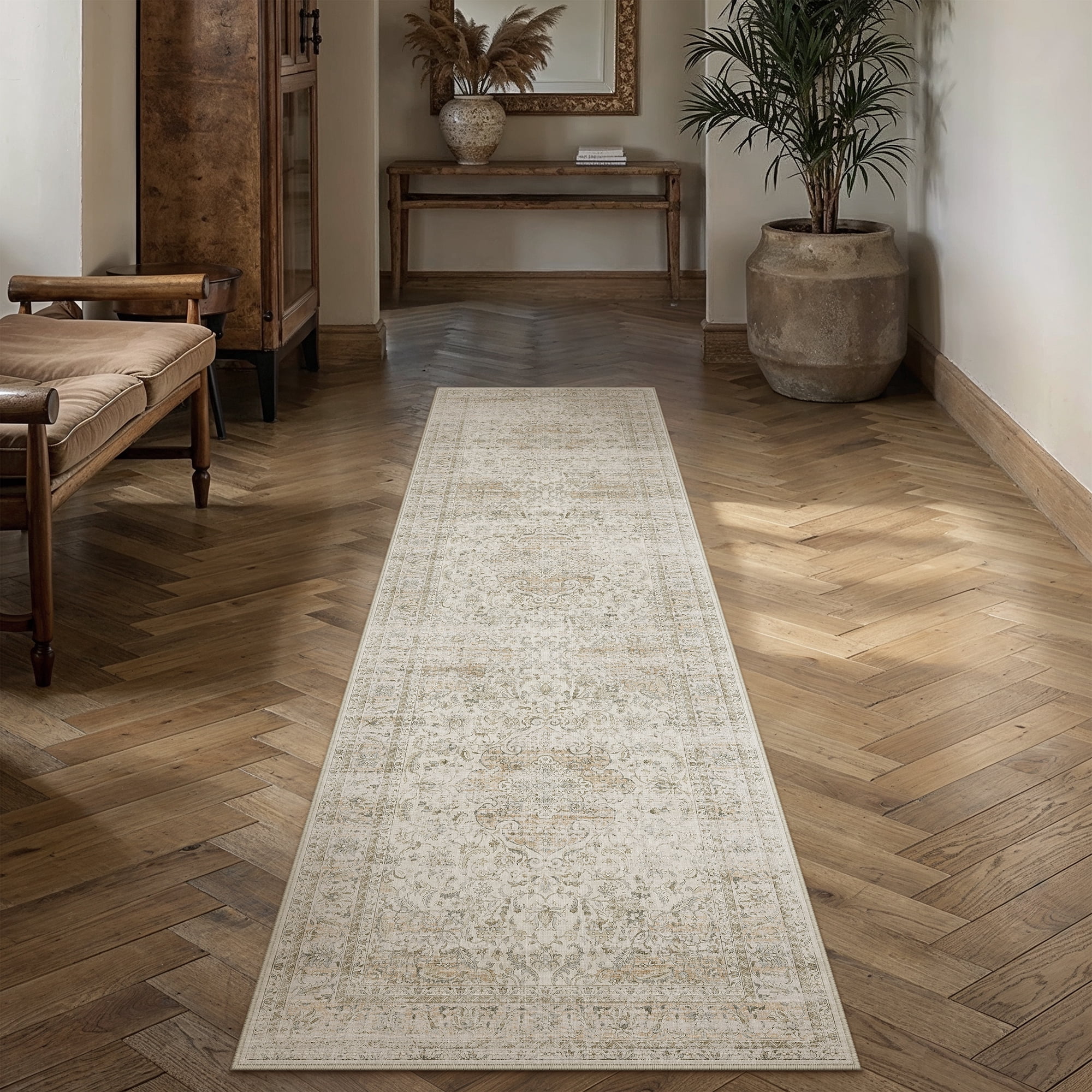 berthmeer 2'x8' runner rugs for hallway entryway bathroom bedroom laundry kitchen non skid washable beige vintage oriental traditional distressed accent runner rugs