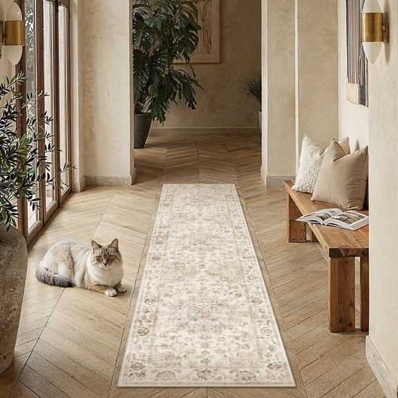 BERTHMEER 2'x8' Runner Rugs for Hallway Entryway Bathroom Bedroom Laundry Kitchen Non Skid Washable Beige Vintage Oriental Traditional Distressed Accent Runner Rugs
