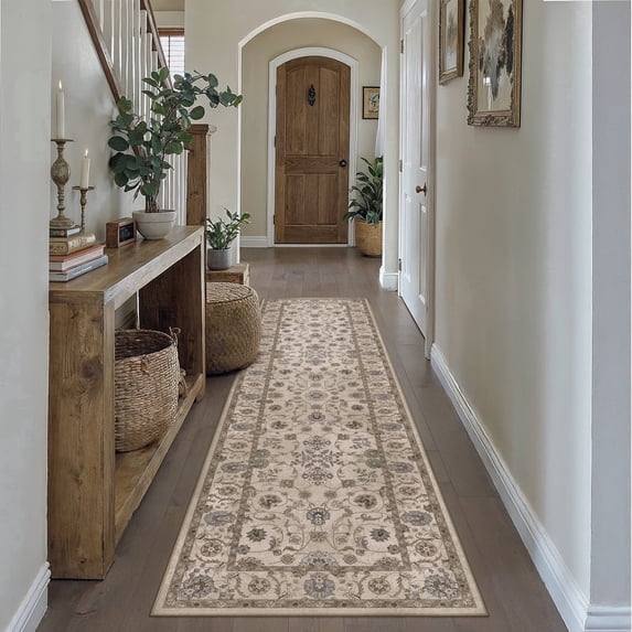 BERTHMEER 2'x8' Runner Rugs for Hallway Entryway Bathroom Bedroom Laundry Kitchen Non Skid Washable Brown Vintage Cirrus Floral Oriental Traditional Distressed Accent Runner Rugs