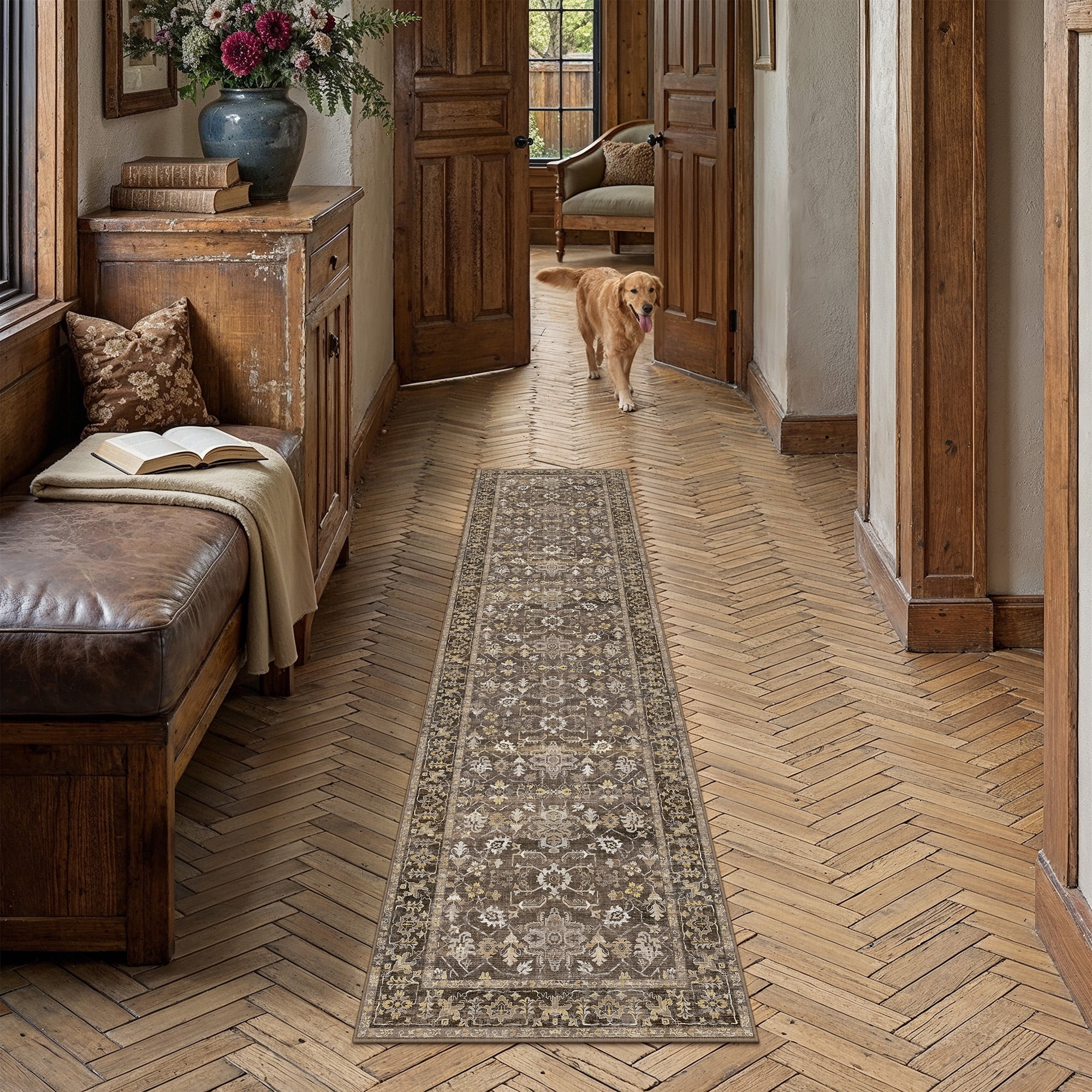 berthmeer 2'x8' runner rugs for hallway entryway bathroom bedroom laundry kitchen non skid washable brown vintage oriental traditional distressed accent runner rugs