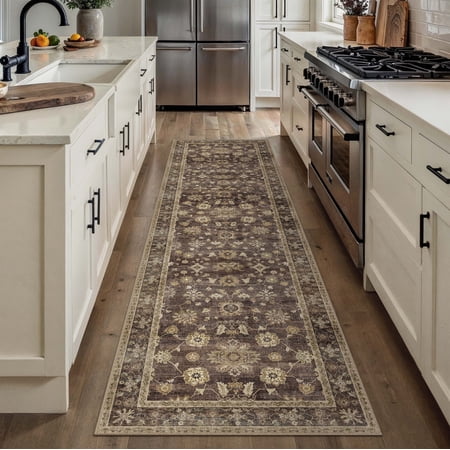 BERTHMEER 2'x8' Runner Rugs for Hallway Entryway Bathroom Bedroom Laundry Kitchen Non Skid Washable Brown Vintage Oriental Traditional Distressed Accent Runner Rugs