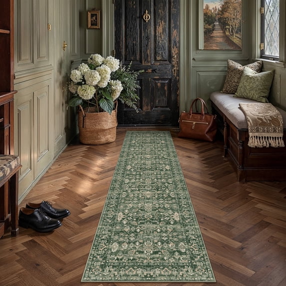 BERTHMEER 2'x8' Runner Rugs for Hallway Entryway Bathroom Bedroom Laundry Kitchen Non Skid Washable Green Vintage Oriental Traditional Distressed Accent Runner Rugs