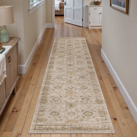 BERTHMEER 2'x8' Runner Rugs for Hallway Entryway Bathroom Bedroom Laundry Kitchen Non Slip Washable Beige Vintage Oriental Traditional Distressed Accent Runner Rugs