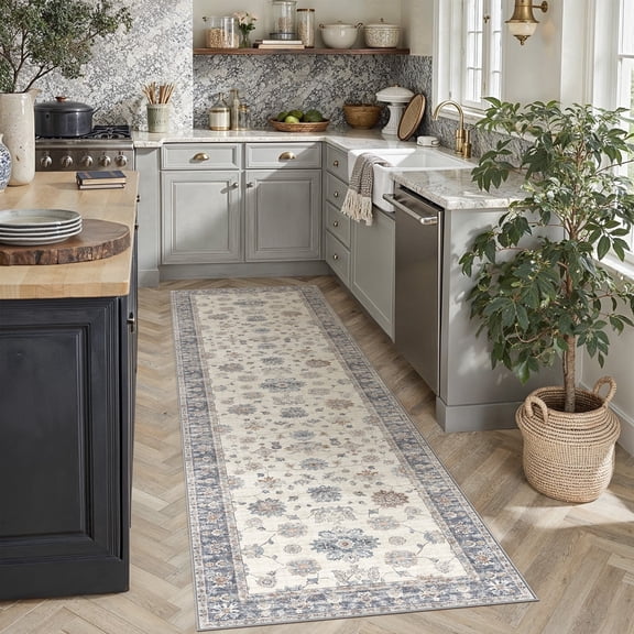BERTHMEER 2'x8' Runner Rugs for Hallway Entryway Bathroom Bedroom Laundry Kitchen Vintage Non Skid Washable Blue White Oriental Traditional Distressed Accent Runner Rugs