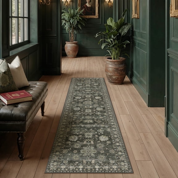 BERTHMEER 2'x8' Runner Rugs for Hallway Entryway Bathroom Bedroom Laundry Kitchen Vintage Non Skid Washable Green Oriental Traditional Distressed Accent Runner Rugs