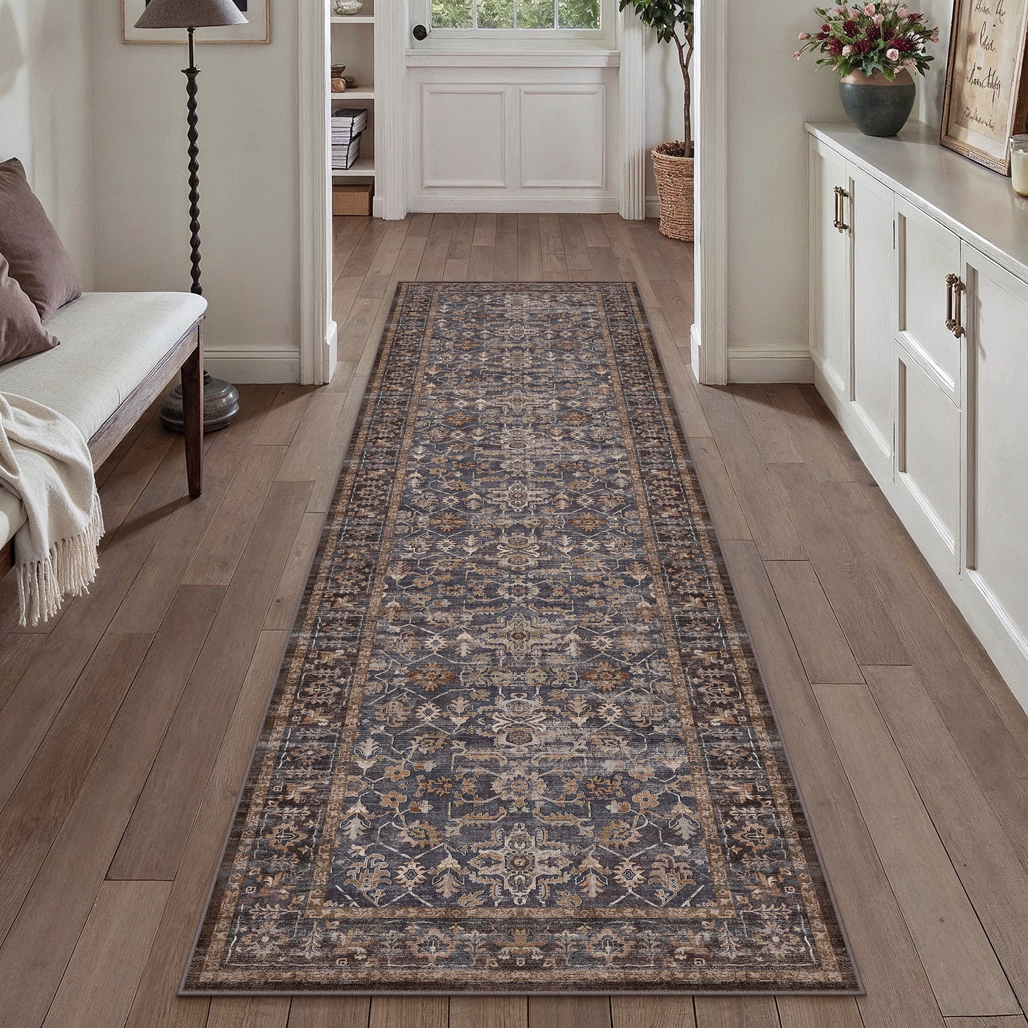 BERTHMEER 2'x8' Runner Rugs for Hallway Entryway Bathroom Bedroom Laundry Traditional Kitchen Non Skid Washable Blue and Brown Vintage Oriental Distressed Accent Runner Rugs