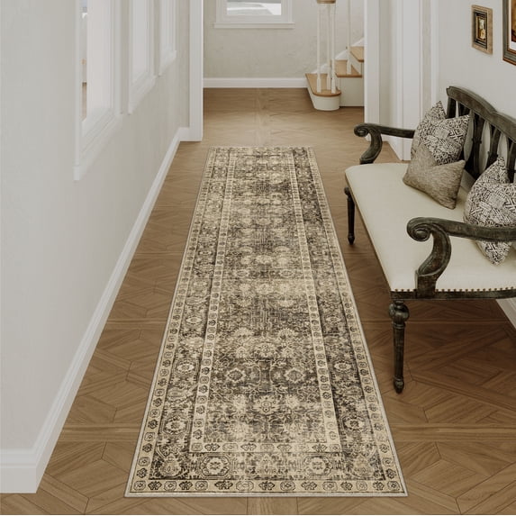 BERTHMEER 2'x8' Runner Rugs for Hallway Entryway Bathroom Kitchen Bedroom Non Skid Washable Brown Vintage Oriental Traditional Distressed Accent Runner Rugs