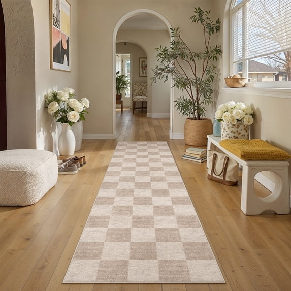 BERTHMEER 2'x8' Runner Rugs for Hallway Kitchen Doorway Laundry Entrance Bedroom Dining Room Machine Washable Non Slip Geometric Modern Checkered Indoor Runner Rugs,Brown