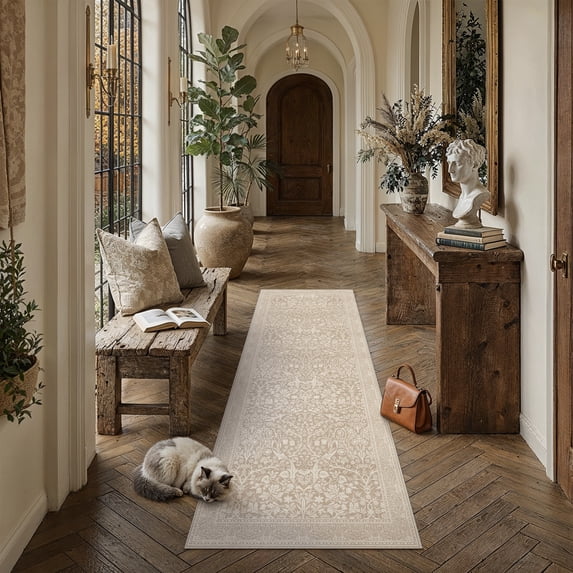 BERTHMEER 2'x8' Runner Rugs for Hallway Kitchen Doorway Laundry Entrance Bedroom Dining Room Machine Washable Non Slip Oriental Vintage Traditional Floral Indoor Runner Rugs,Beige Brown