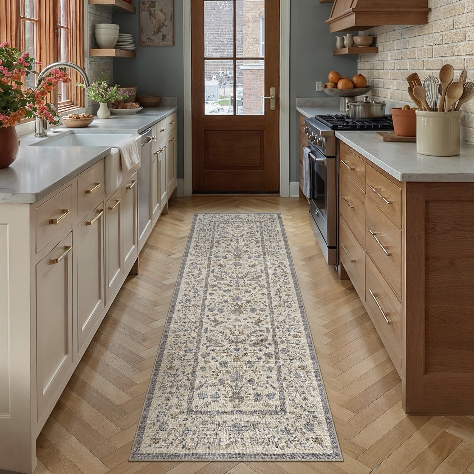 berthmeer 2'x8' runner rugs for hallway kitchen entryway bedroom bathroom entrance oriental floral vintage farmhouse machine washable non-slip traditional distressed rugs, beige blue