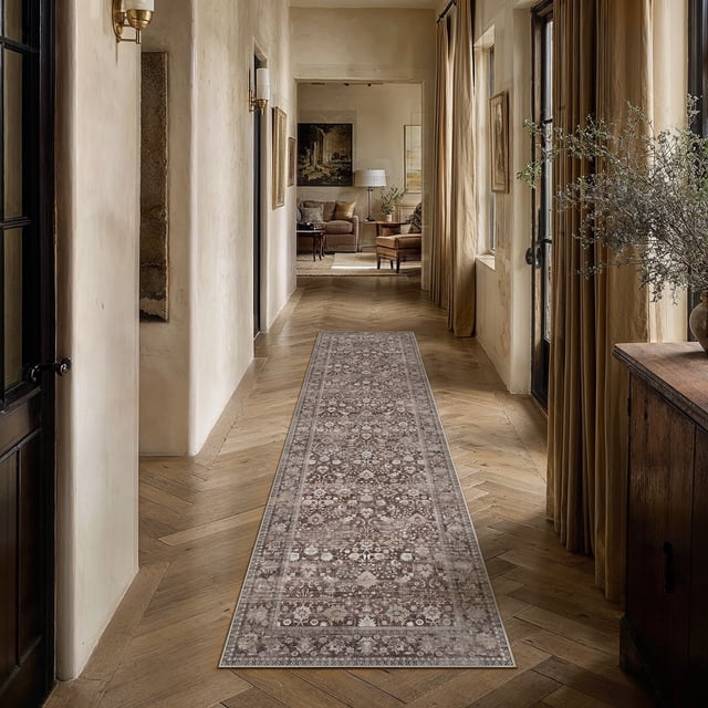 BERTHMEER 2'x8' Runner Rugs for Hallway Kitchen Entryway Bedroom Bathroom Entrance Oriental Floral Vintage Farmhouse Machine Washable Non-slip Traditional Distressed Rugs, Coffee Brown